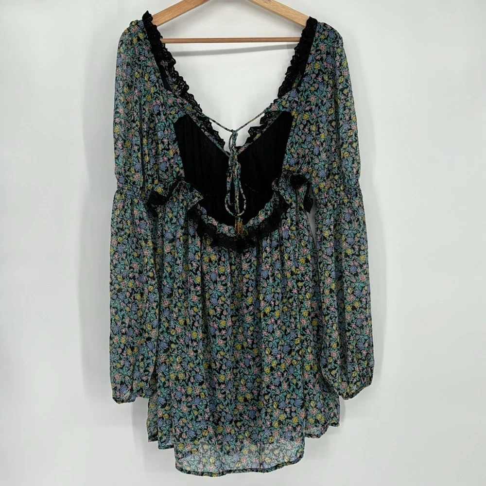 Free People Women’s Pennie Sheer Floral Long Sleeve Boho Mini Dress Size M